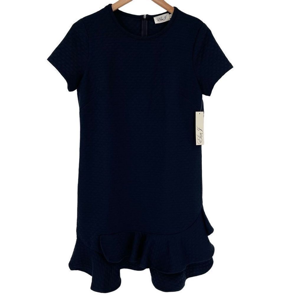 Eliza J Textured Short Sleeve Ruffle Hem Sheath Dress Above Knee Women‎ 4 Navy